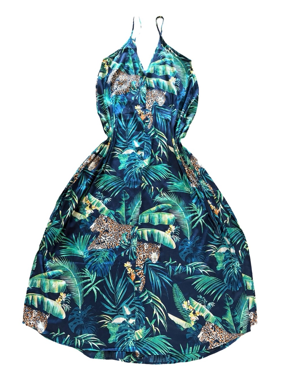 Tropical Leaf & Leopard Maxi Dress - Navy/Green Size S